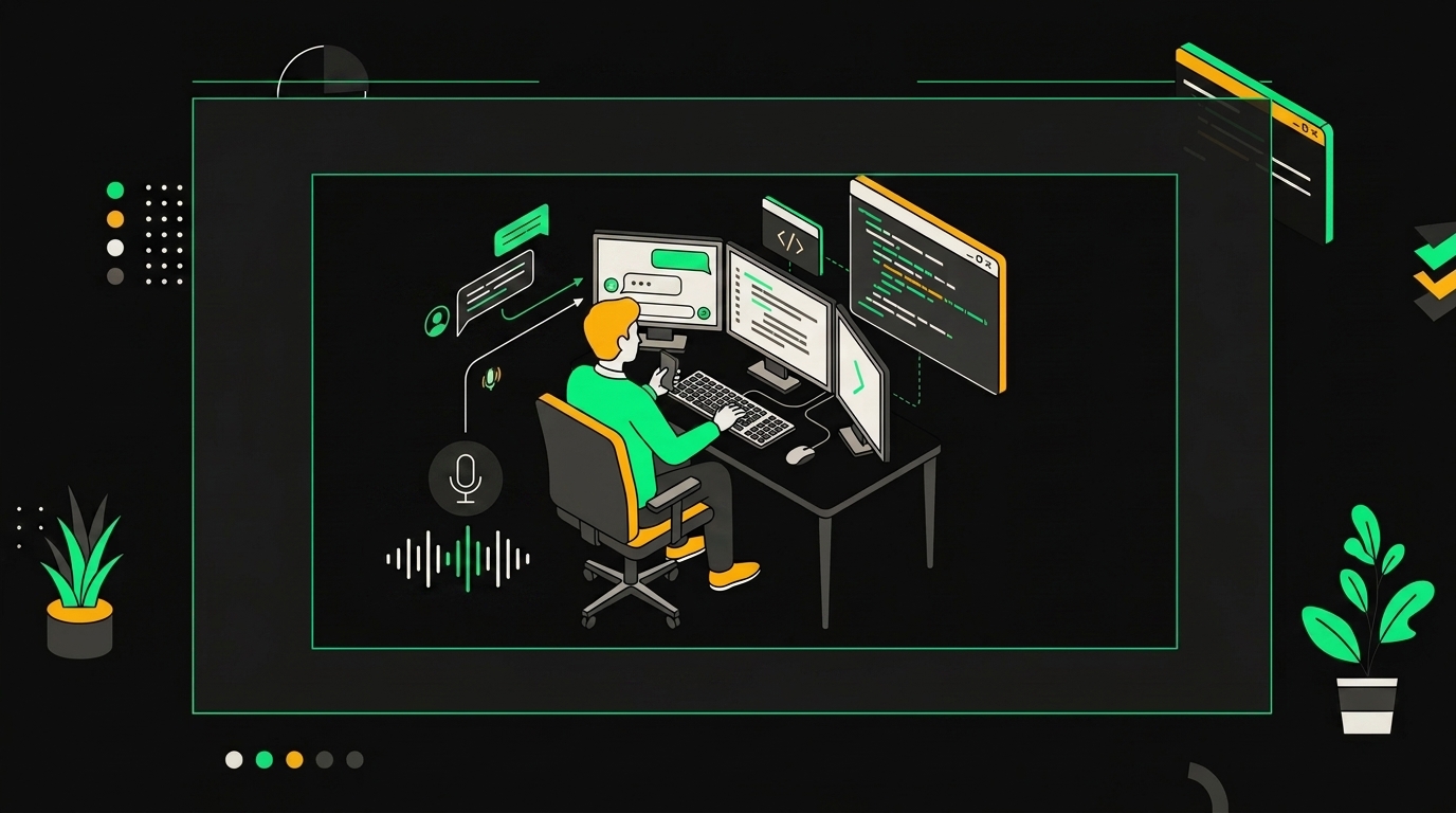 Разработчик пишет промпт в AI-инструменте, на экране появляется код