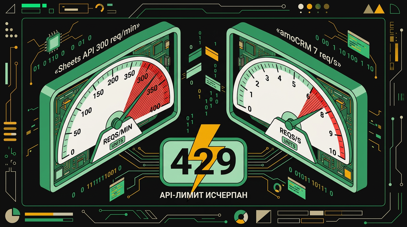 Спидометр с красной зоной и надписью 429 Too Many Requests, стрелка указывает на превышение лимита API