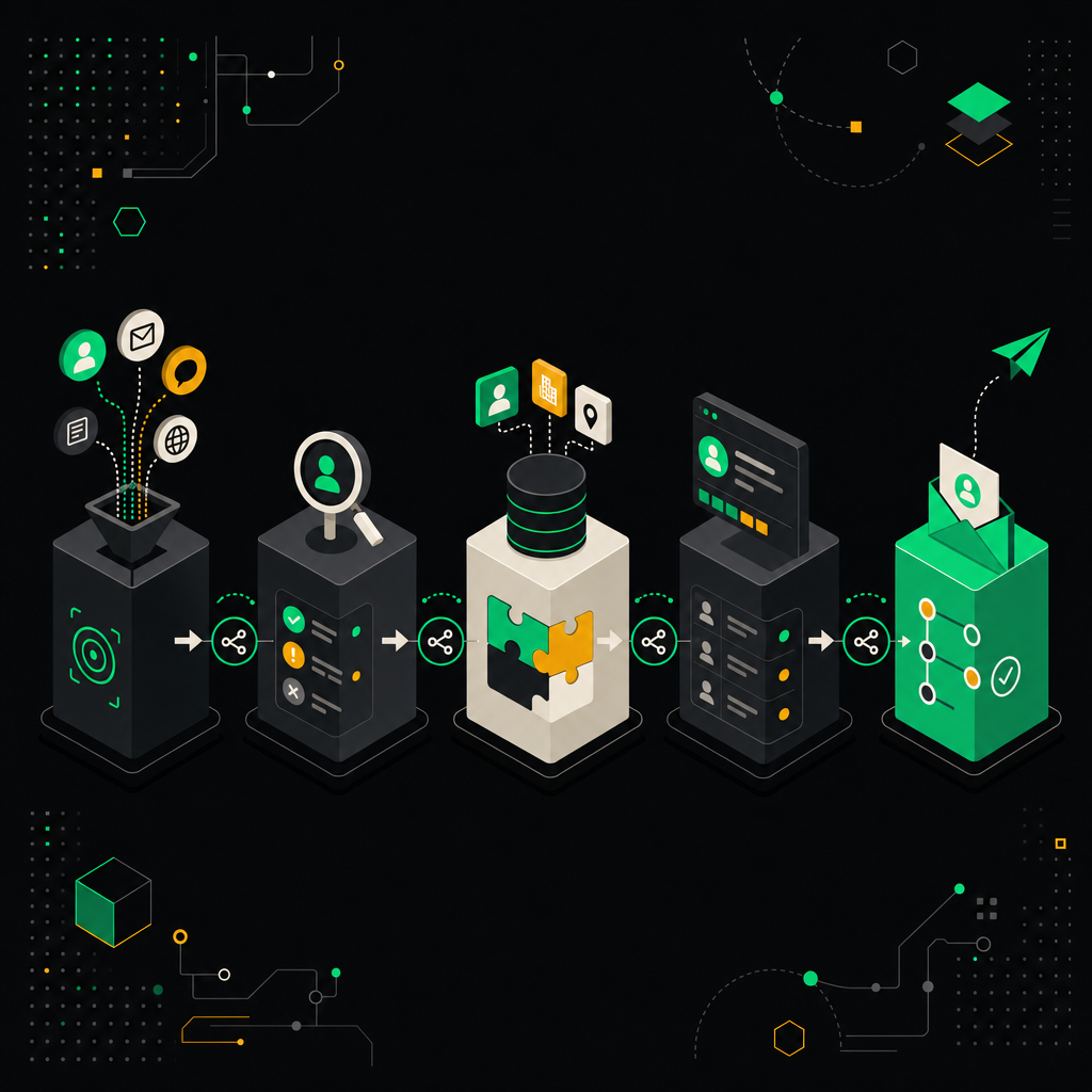 Воронка лидогенерации из пяти этапов в стиле редактора n8n