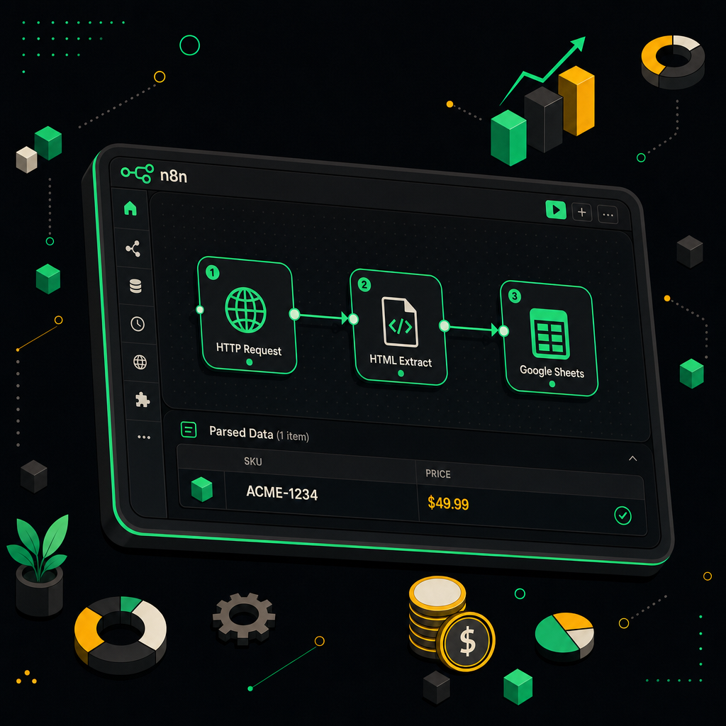 n8n workflow canvas showing competitor price scraping nodes connected in sequence