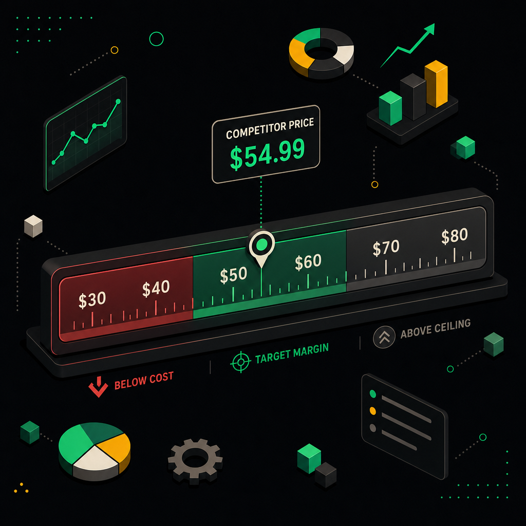 Price calculation formula diagram showing floor price, ceiling price, and margin zones