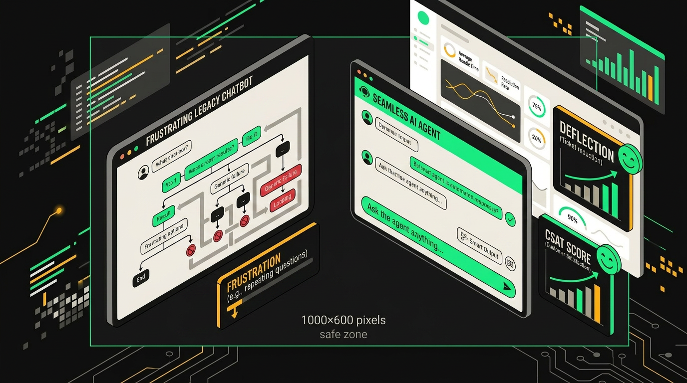 Rule-based chatbot vs modern support agent side by side with metrics dashboard showing resolution rates