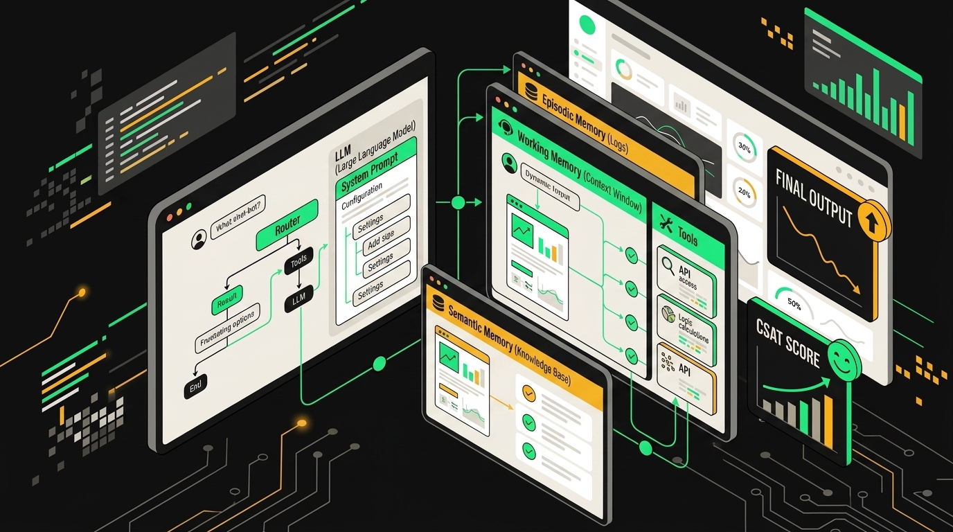 Layered architecture diagram of support agent with memory stores, tool registry and LLM core