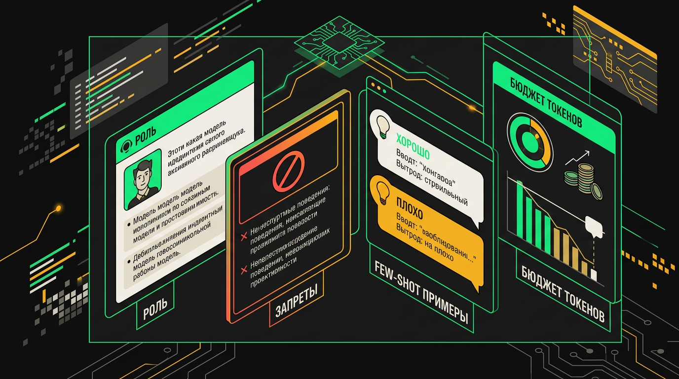 Annotated system prompt with color-coded sections for persona, constraints, tools and token budget counter