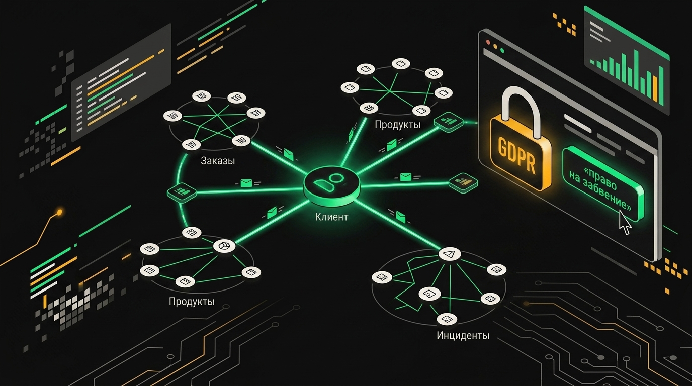 Customer knowledge graph linking orders, products, past issues and GDPR erasure controls with color-coded nodes