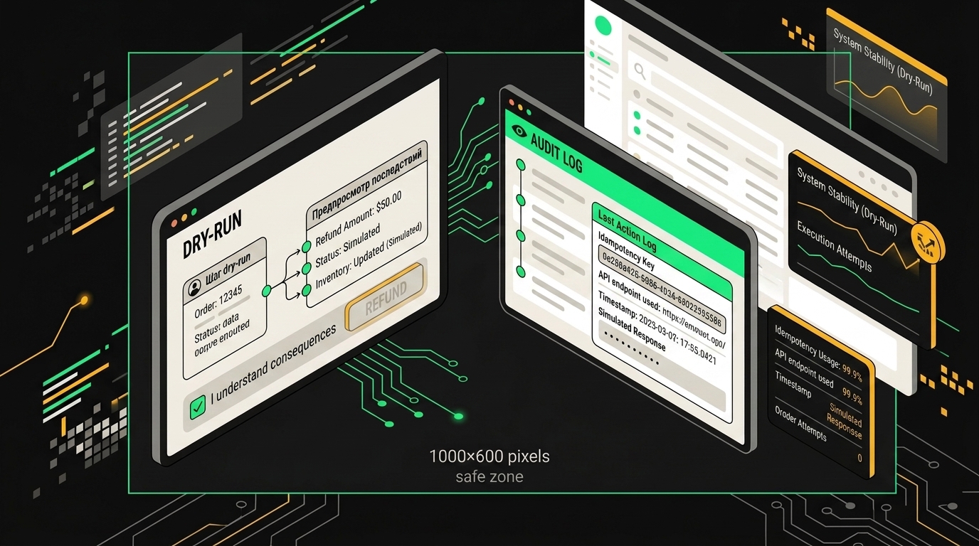 Two-step tool call flow with dry-run preview box, human confirmation button and audit log entry creation