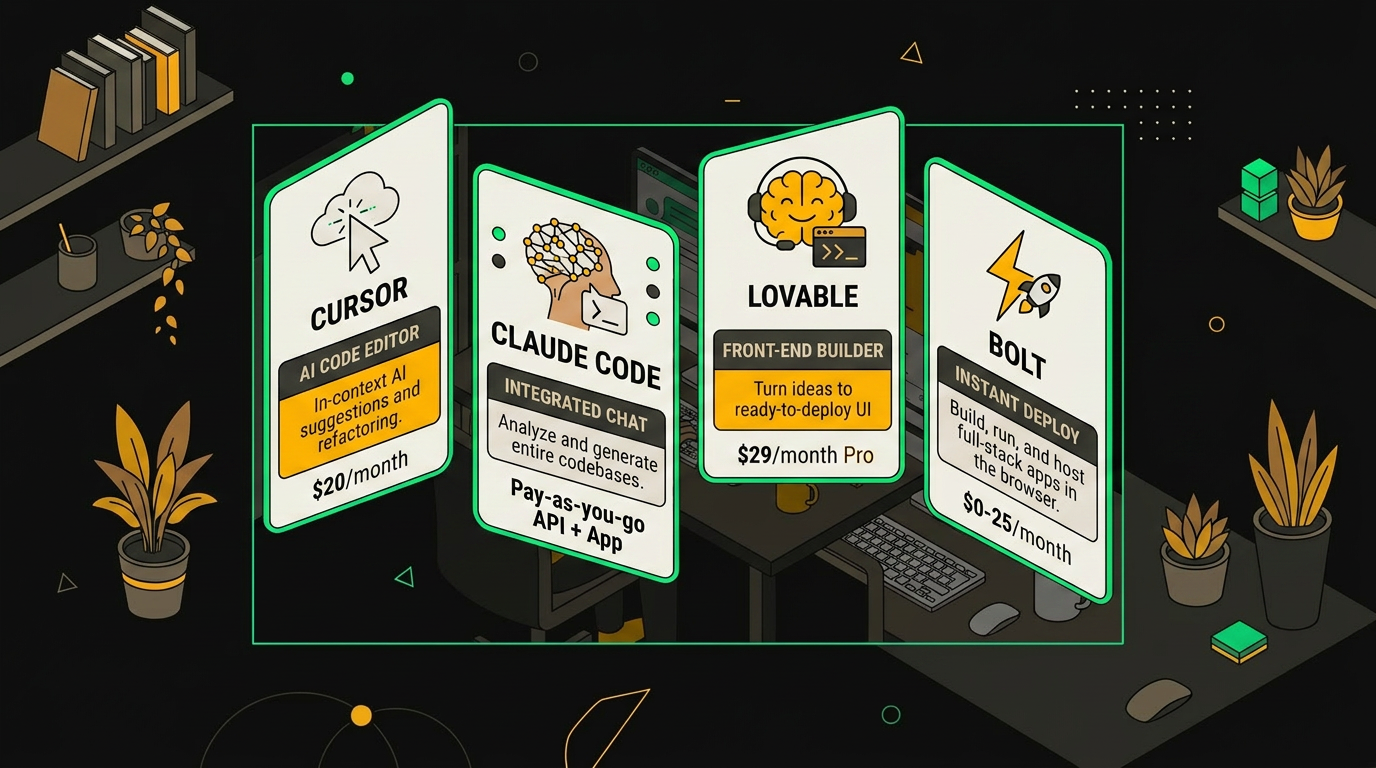 Карточки сравнения AI-инструментов для разработки: Cursor, Lovable, Bolt и Replit для нетехнических фаундеров