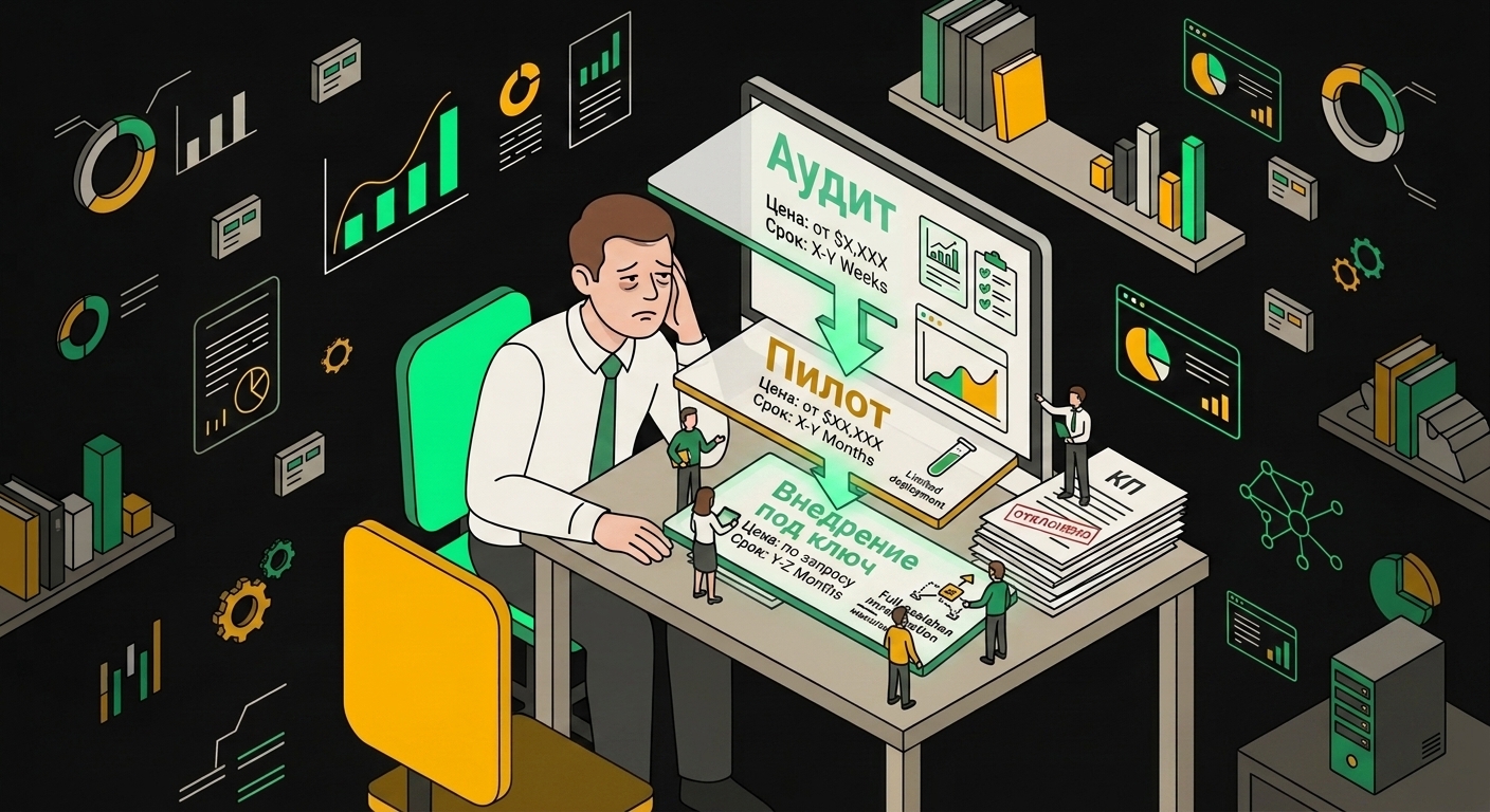 Three-level productized AI consulting funnel: audit, pilot, retainer with arrows and revenue labels