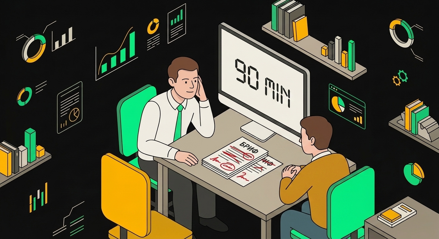 90-minute discovery interview session with annotated brief template on clipboard and laptop