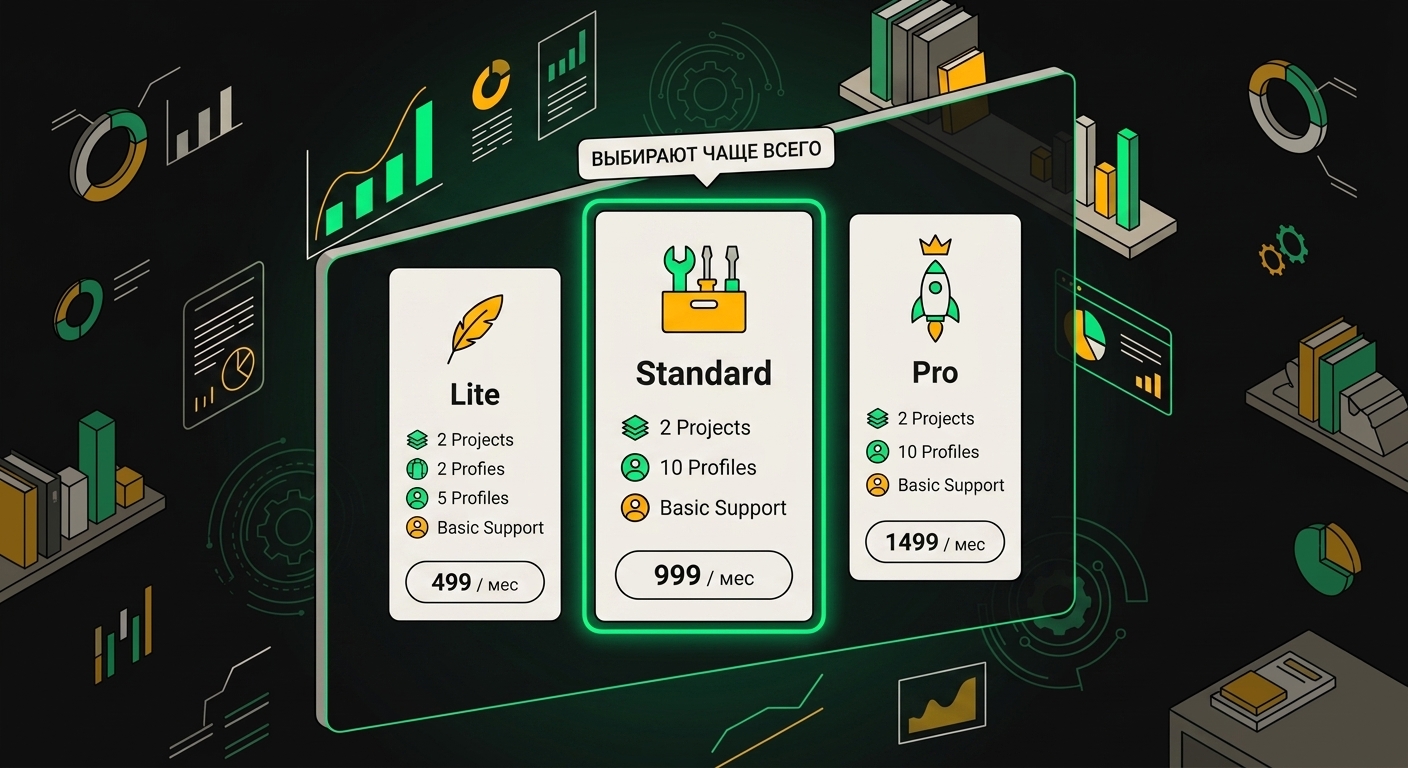 Three-tier pricing table with Basic, Core, and Premium packages; Core option highlighted with border
