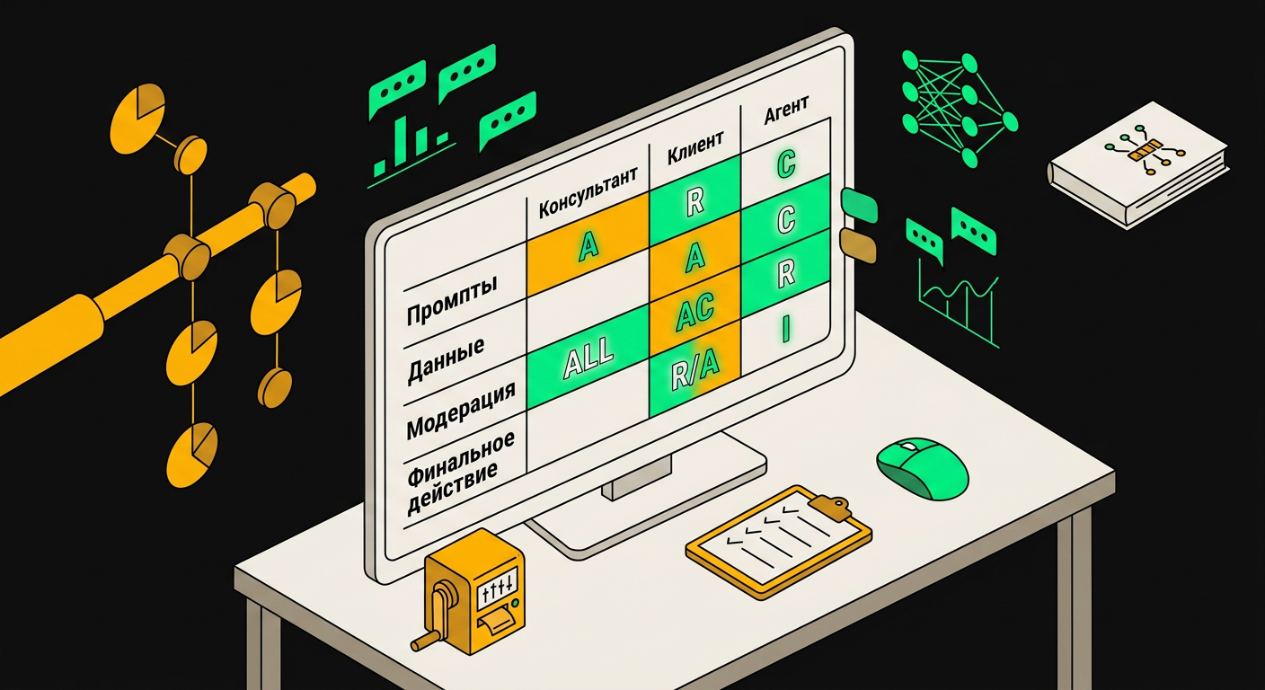 RACI matrix spreadsheet showing AI agent tasks distributed across consultant, client team, and automation roles