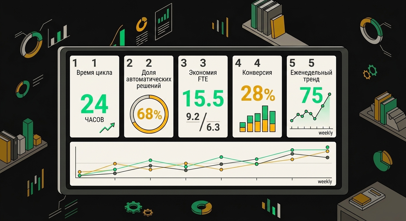 One-page executive dashboard showing five business KPIs with trend arrows and traffic-light status indicators