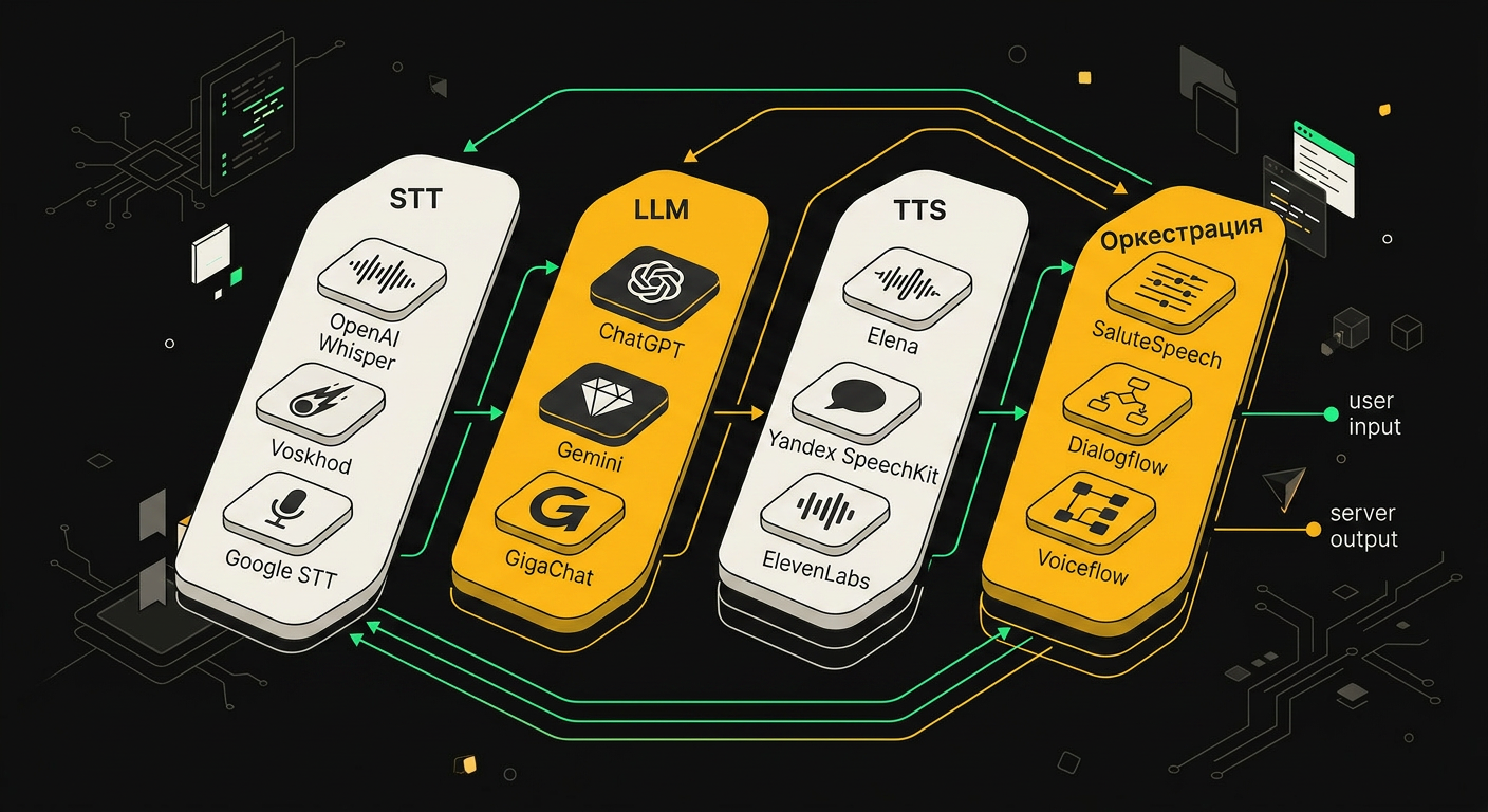 Технологический стек голосового агента 2026: STT, LLM, TTS, оркестратор