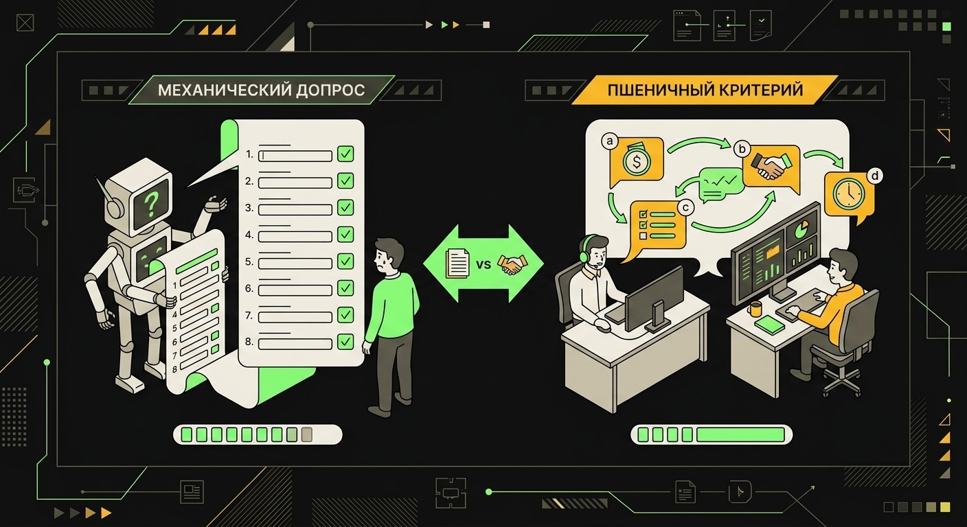 Сравнение хорошего и плохого BANT-диалога: примеры реплик агента при квалификации