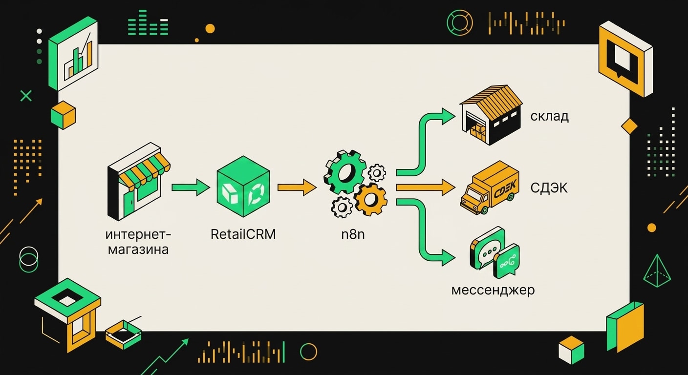 Схема потока данных: магазин передаёт заказы в RetailCRM, та отправляет задачи в n8n, который связывается со складом, CDEK и мессенджерами