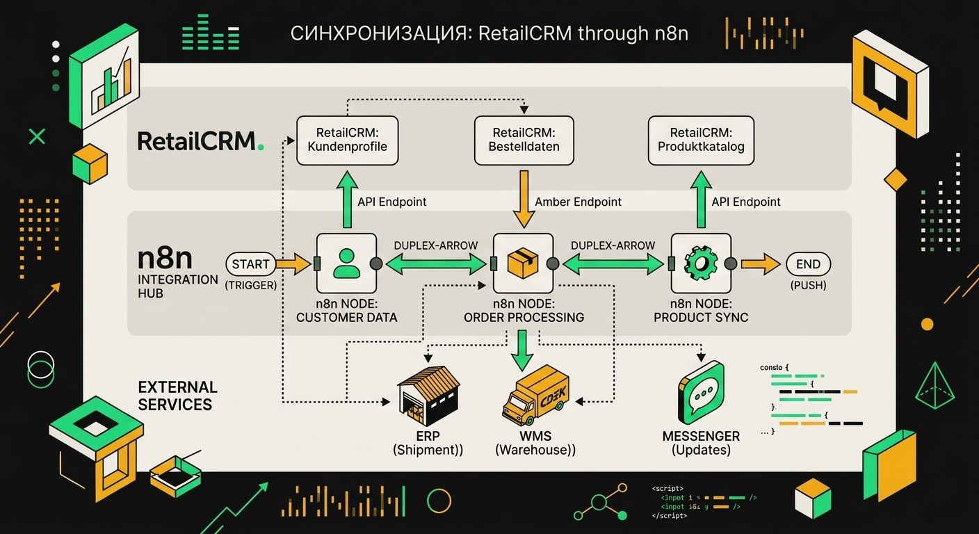 Архитектурная диаграмма n8n с тремя дорожками: RetailCRM, склад и CDEK, двусторонние стрелки показывают обмен статусами и заказами