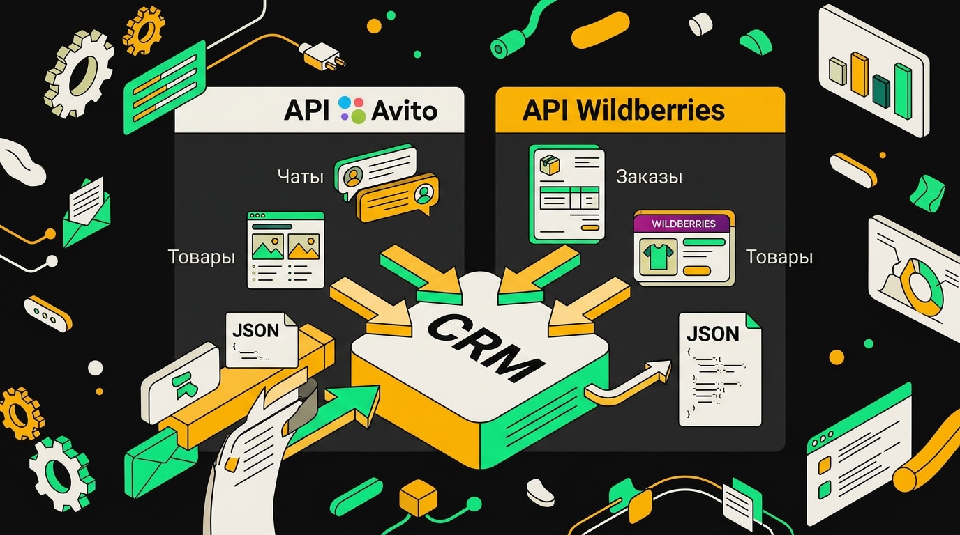 схема передачи данных через API Авито и Wildberries в Bitrix24
