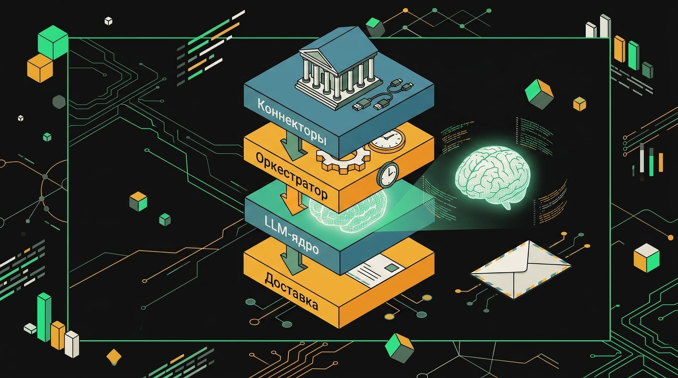 Четырёхслойная архитектура AI-агента: данные, инструменты, LLM, интерфейс