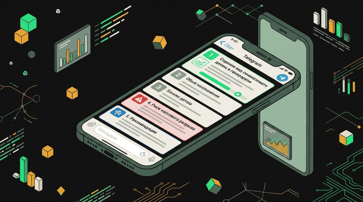 Скриншот Telegram-бота с ежедневным финансовым отчётом: баланс, дебиторка, прогноз