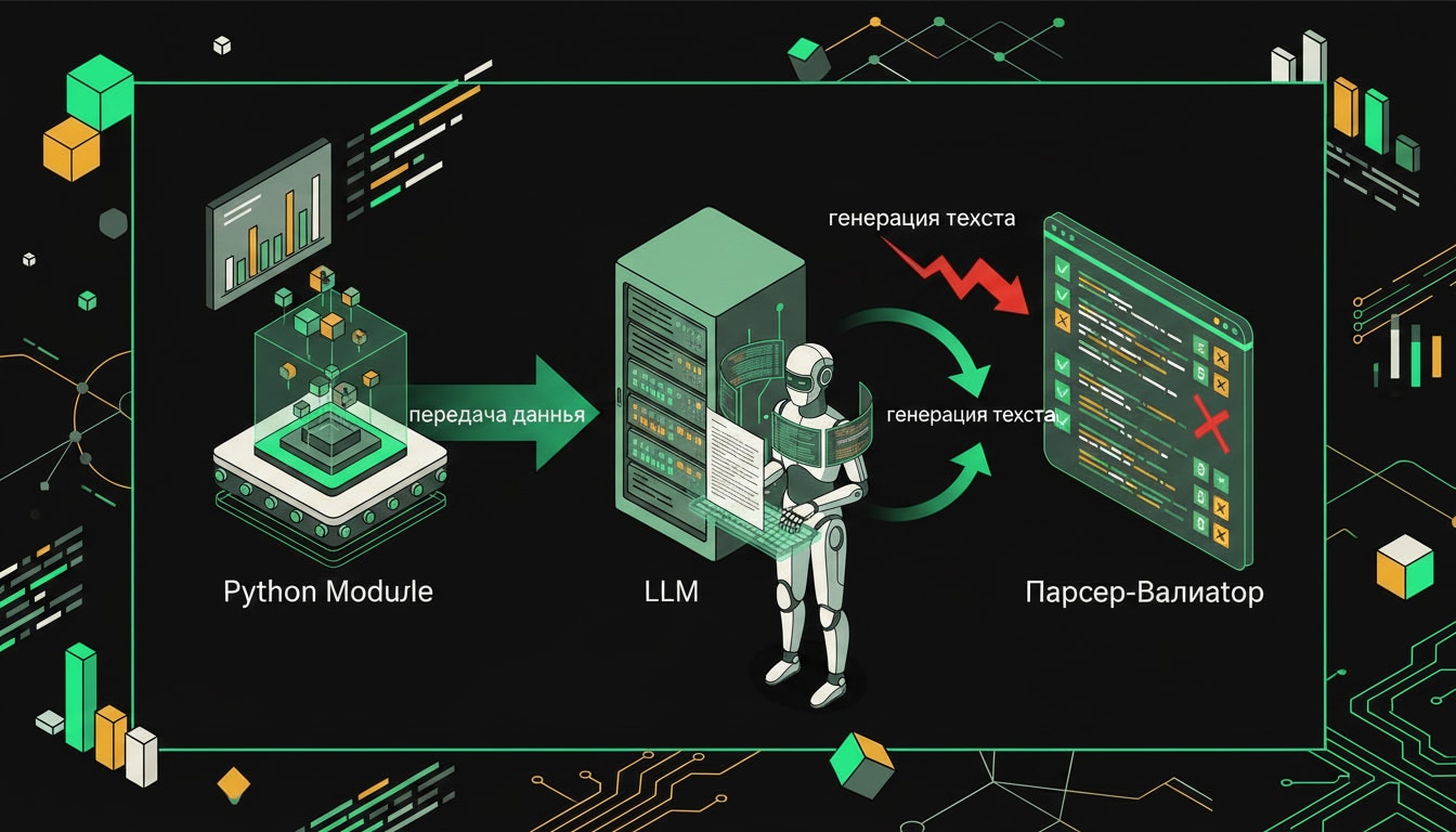 Схема пайплайна: Python-расчёт, передача результата в LLM, проверка вывода валидатором