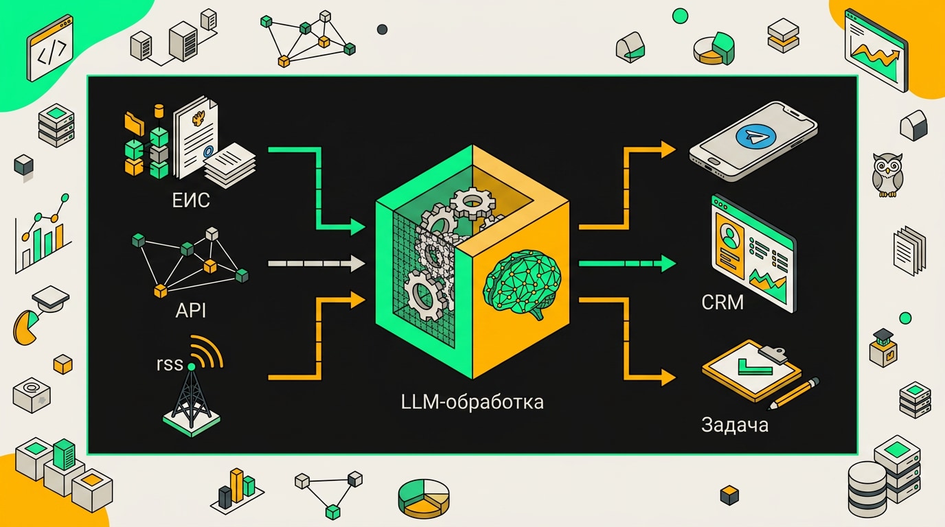 Блок-схема архитектуры AI-агента: источники данных, LLM, инструменты действий