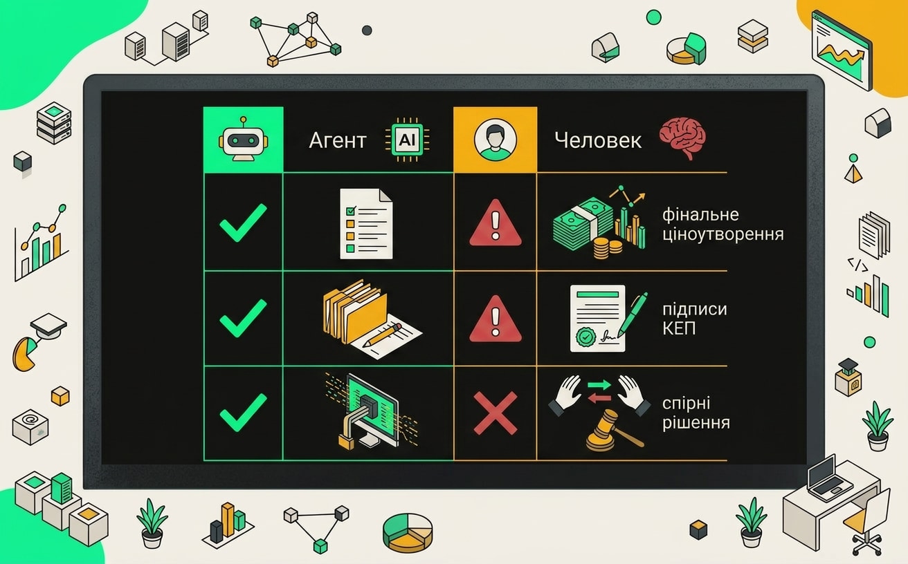 Таблица разделения задач между AI-агентом и человеком при подготовке тендерной заявки