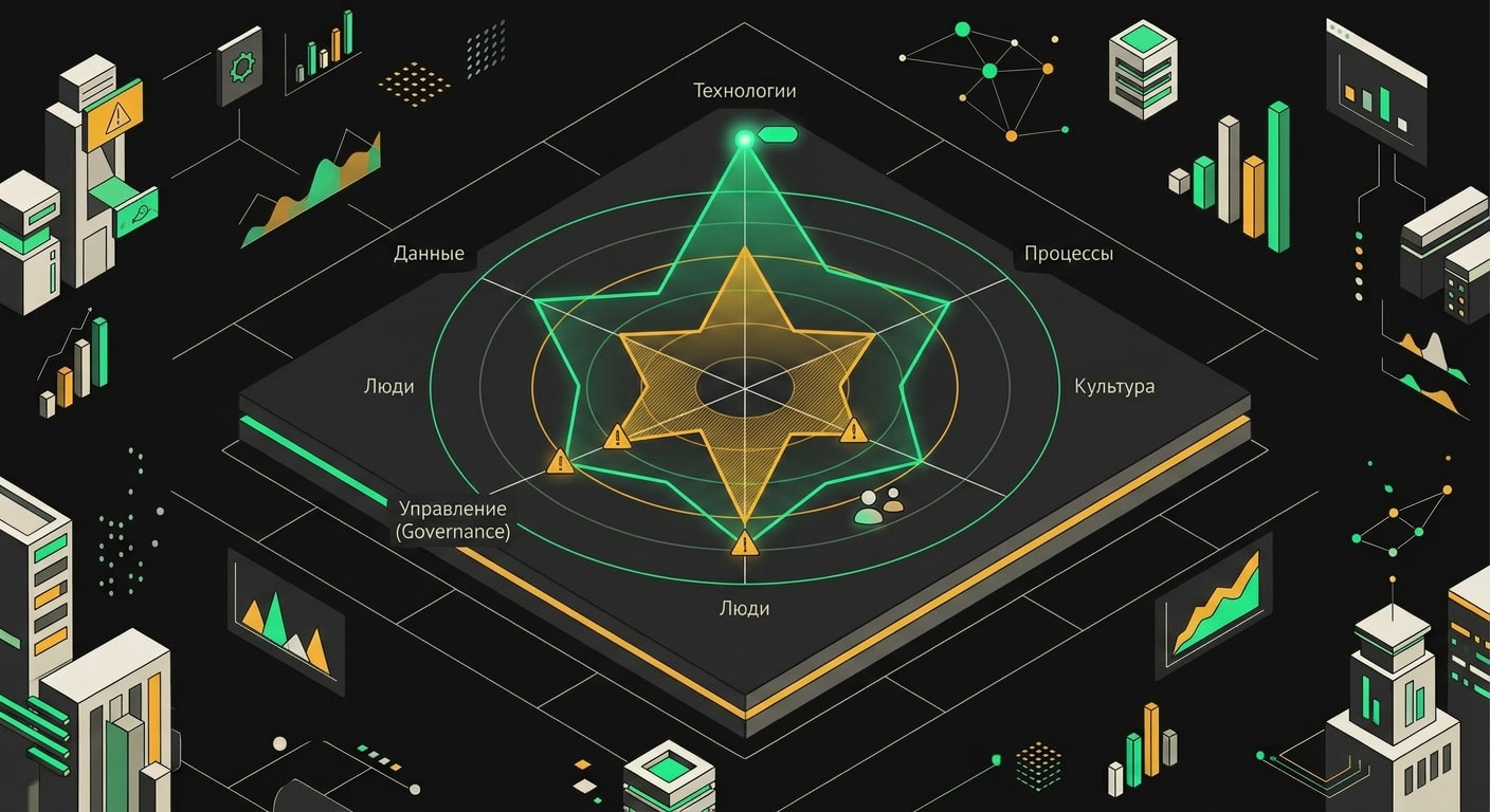 AI maturity radar chart with visibly uneven scores across six dimensions
