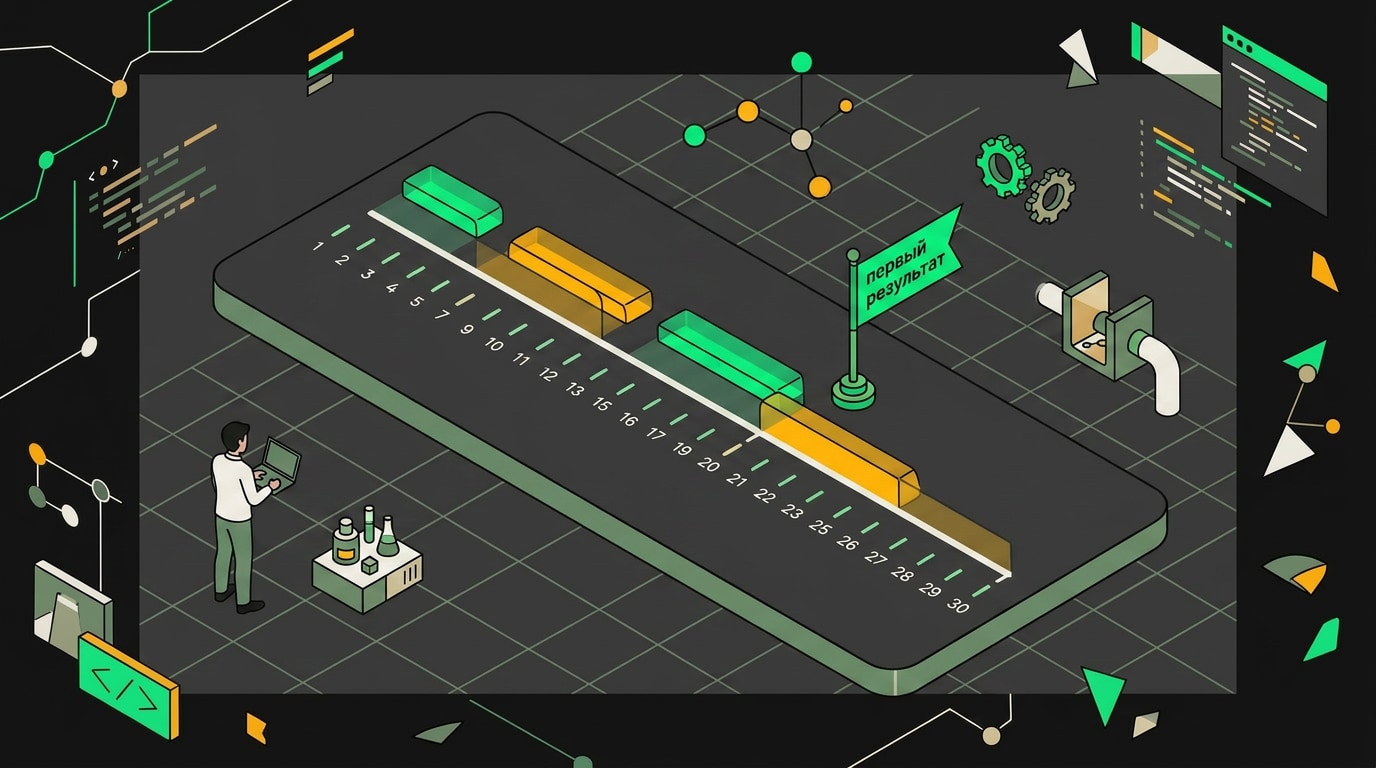 Таймлайн онбординга клиента на 30 дней с ключевыми milestone: аудит, стратегия, запуск, первый отчёт
