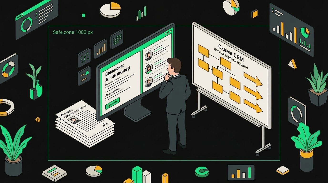 Растерянный HR-менеджер смотрит на два резюме: CRM-специалист и AI-инженер