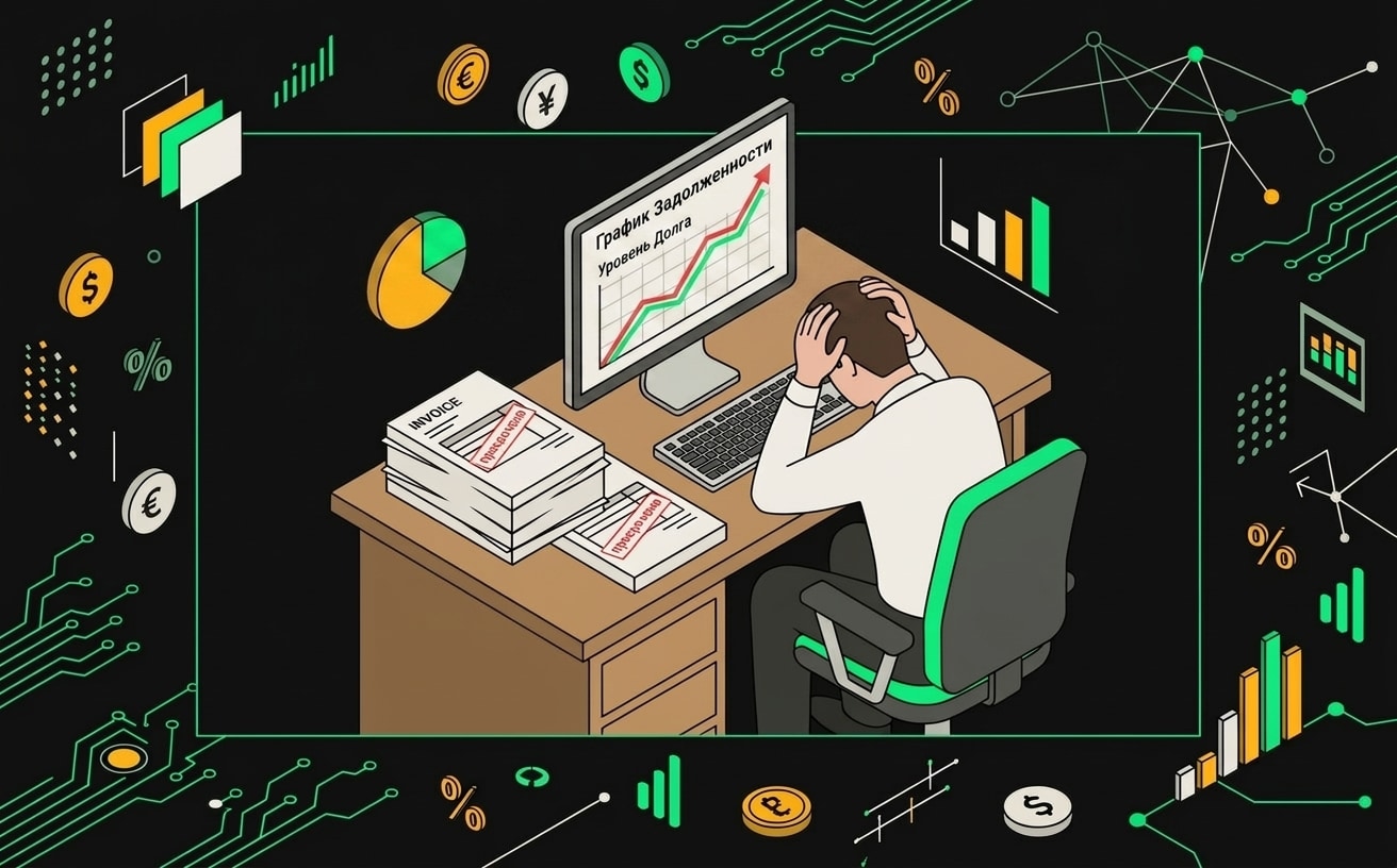 Стопка просроченных счетов на столе менеджера, график роста дебиторской задолженности на фоне