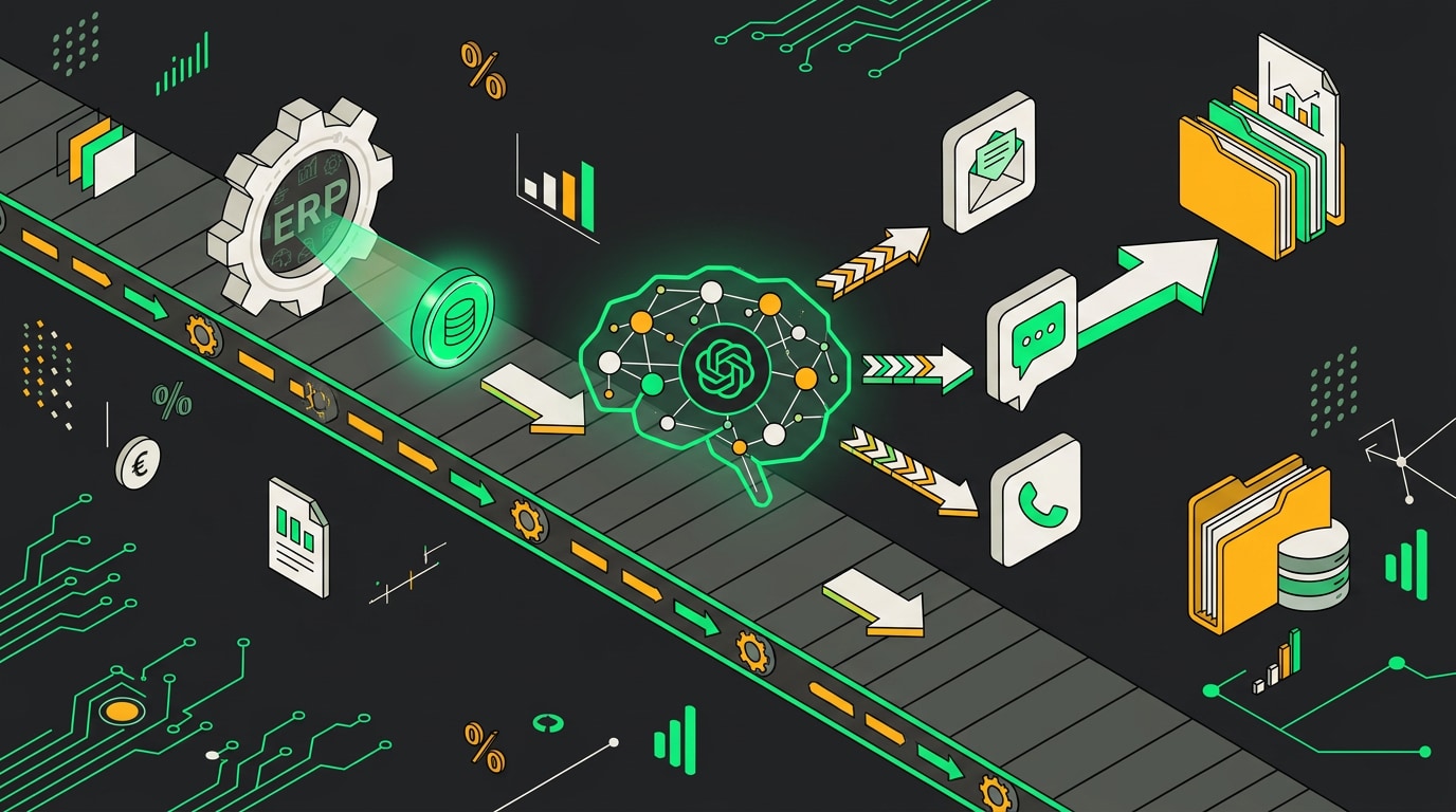 Схема архитектуры AI-агента: ERP передаёт данные в LLM, который рассылает сообщения по каналам и собирает аналитику