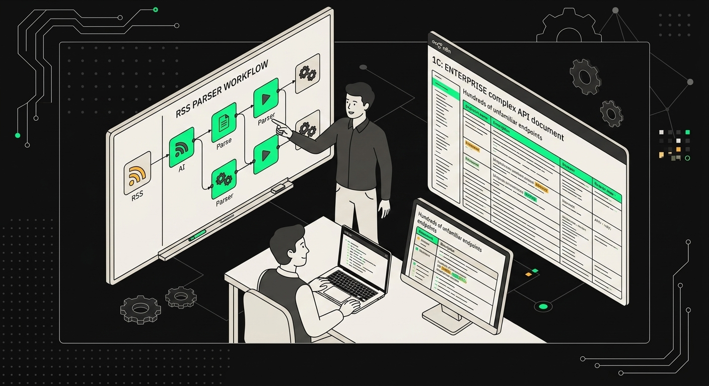Generic n8n course slides versus messy real-world internal system diagram with legacy API endpoints