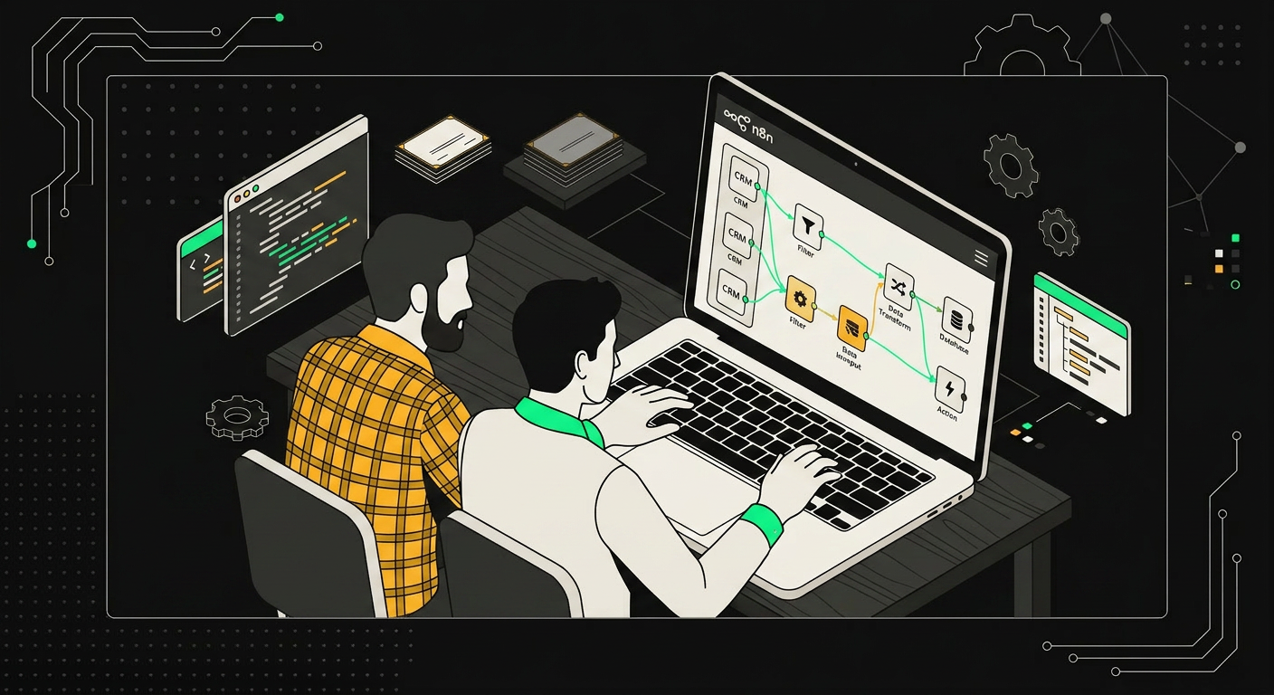 Developer and domain expert coding together in n8n while transferring real process knowledge in real time