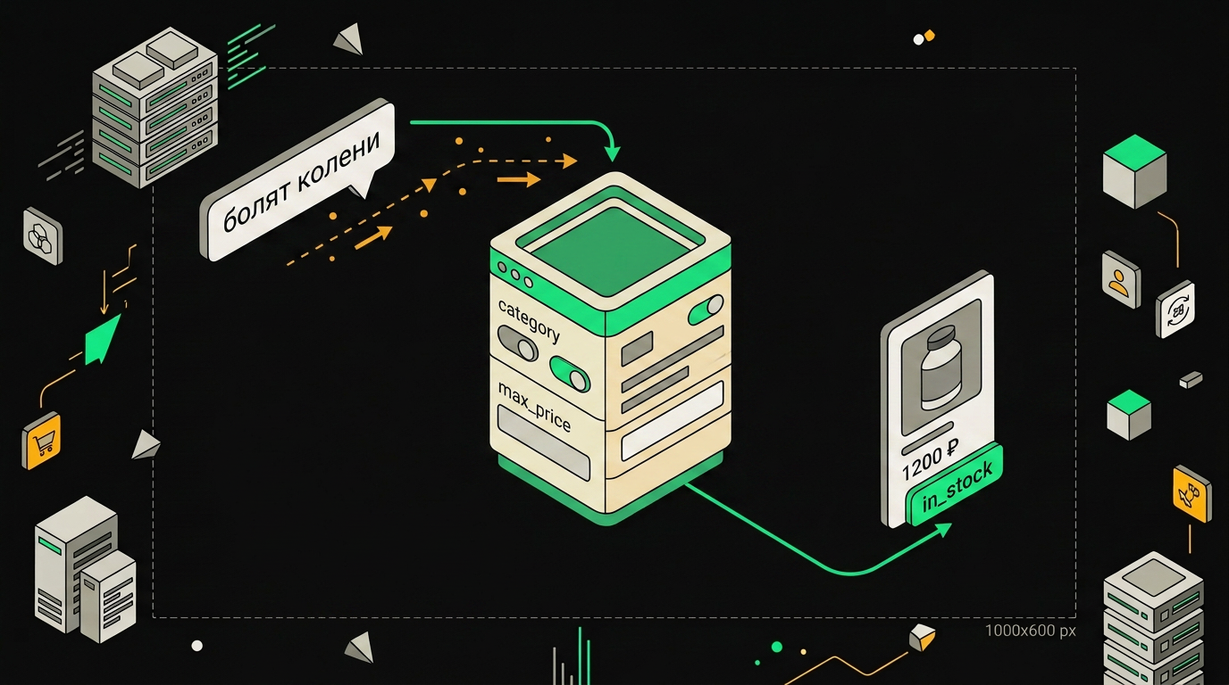 Схема работы инструмента поиска товаров с фильтрами по категории, цене и наличию
