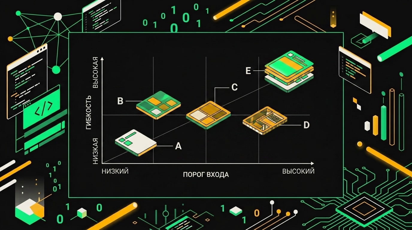 Карта инструментов вайбкодинга по двум осям: порог входа для non-dev специалистов и гибкость настройки результата