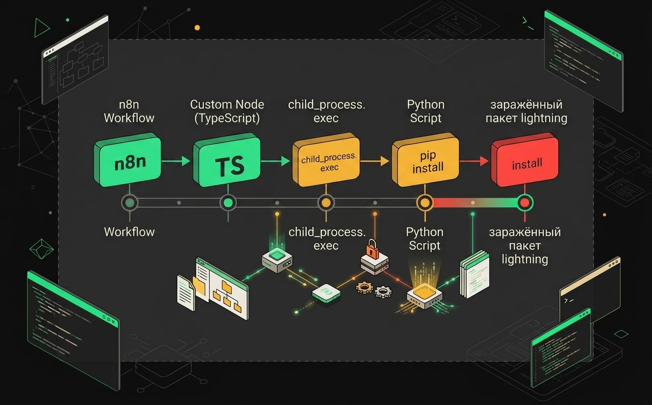 Схема: n8n Python-нода вызывает subprocess, subprocess запускает pip install lightning, малварь запускается как postinstall-хук