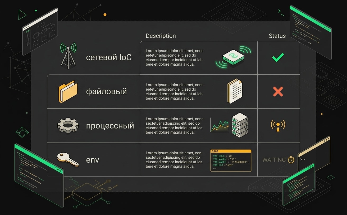 Таблица IoC: IP 185.220.x.x (network), файл /tmp/.shai в (file), процесс python3 -c exec (process), переменная AWS_SECRET_ACCESS_KEY (env)