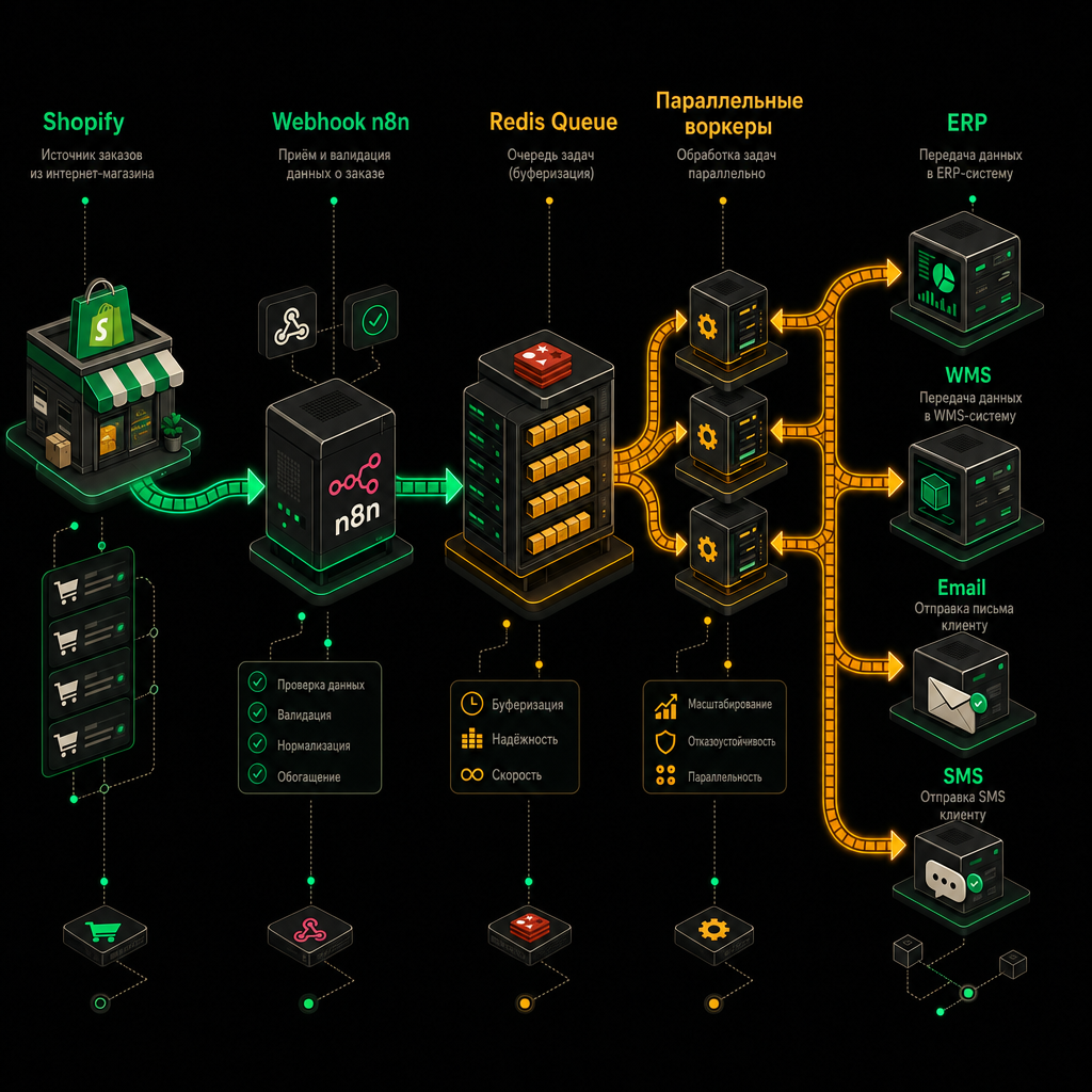 Архитектурная диаграмма pipeline обработки заказов Shopify через n8n и Redis