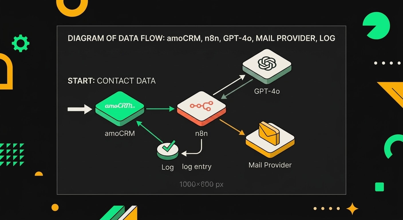 Архитектурная схема агента холодной рассылки на базе n8n, GPT-4o и amoCRM