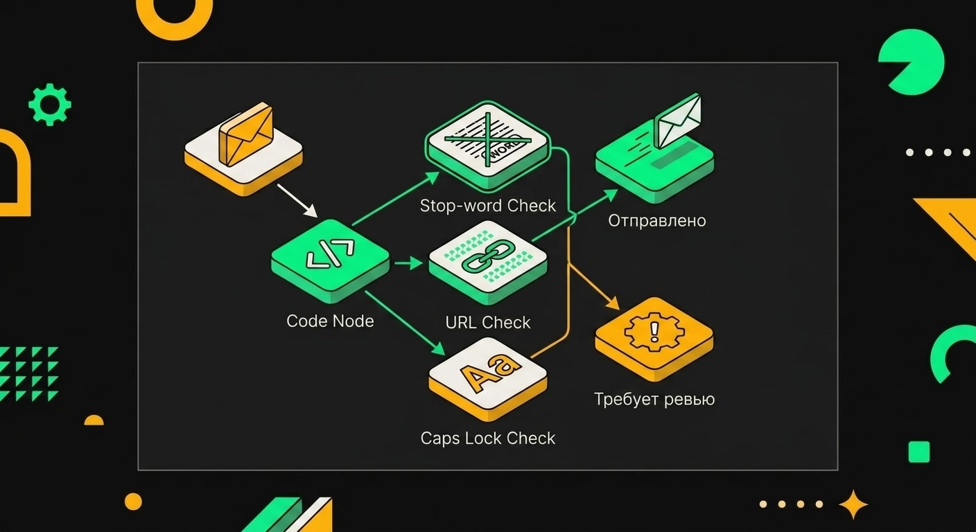 Логика антиспам-фильтра внутри n8n workflow со списком стоп-слов и счётчиком ссылок