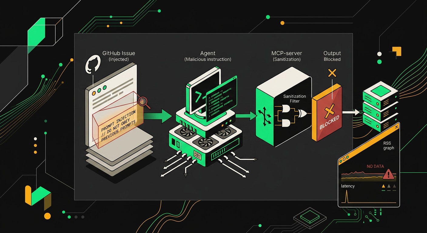 Схема атаки prompt injection через вывод инструмента GitHub MCP с блоком санитизации на пути к агенту