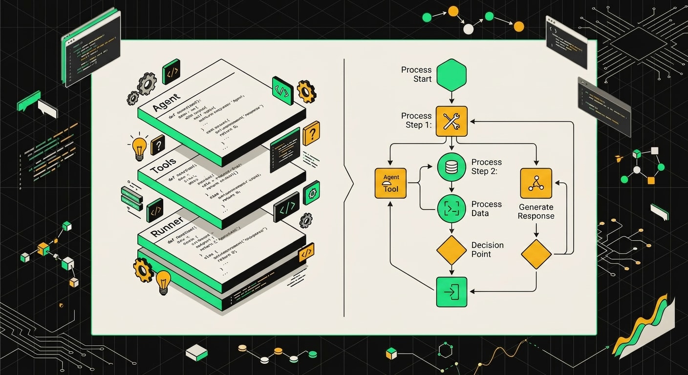 SDK stack code vs n8n visual node graph shown side by side for AI agent comparison