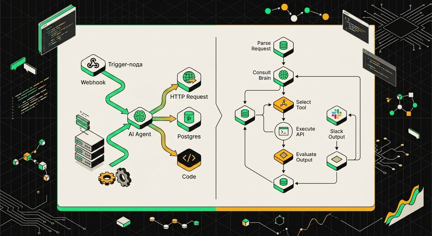 n8n AI Agent node connected to Calculator, HTTP Request and Wikipedia tool nodes