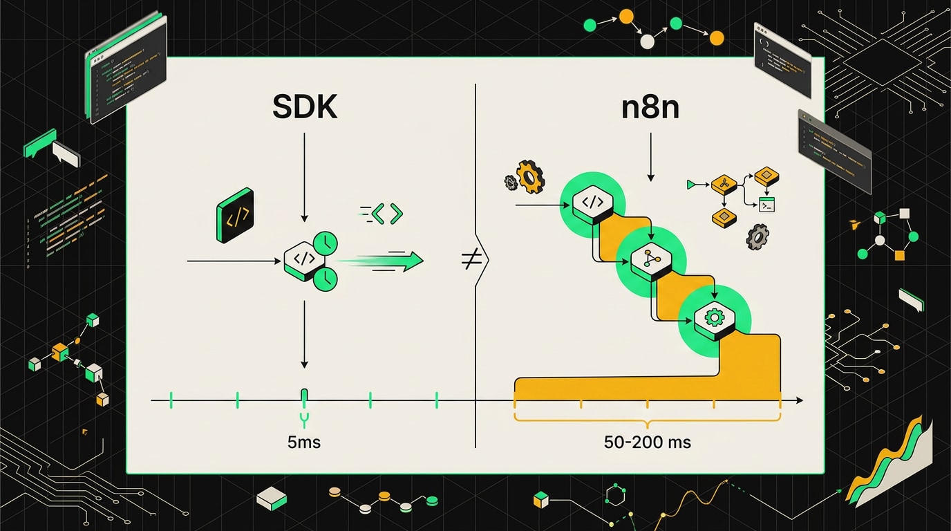 Bar chart comparing response latency in milliseconds between SDK-based agent and n8n agent