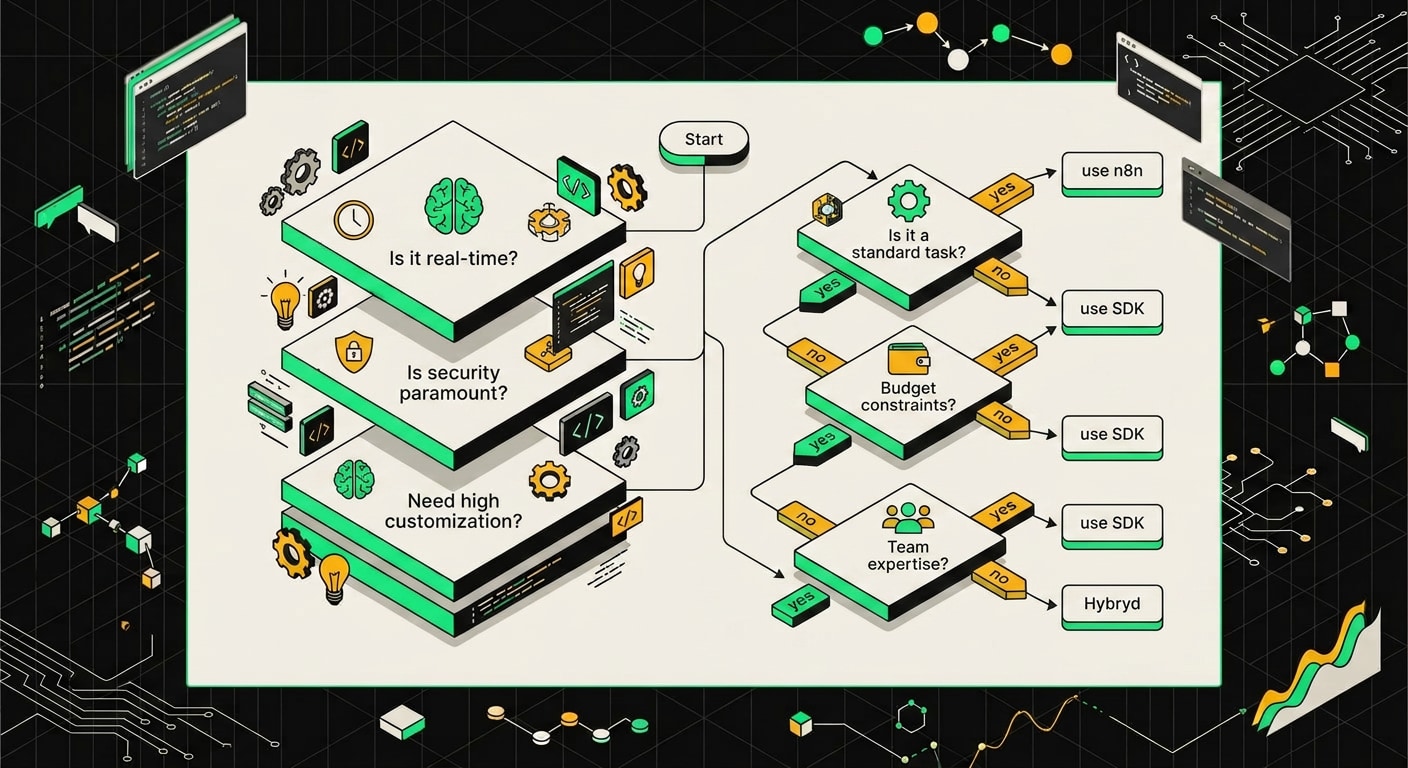 Decision flowchart with six yes or no questions helping choose between SDK and n8n for AI agent development
