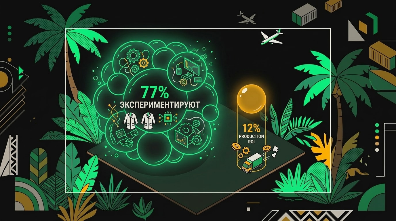 Пузырьковая диаграмма: 77% ROI у правильных кейсов против 12% у ошибочных внедрений AI