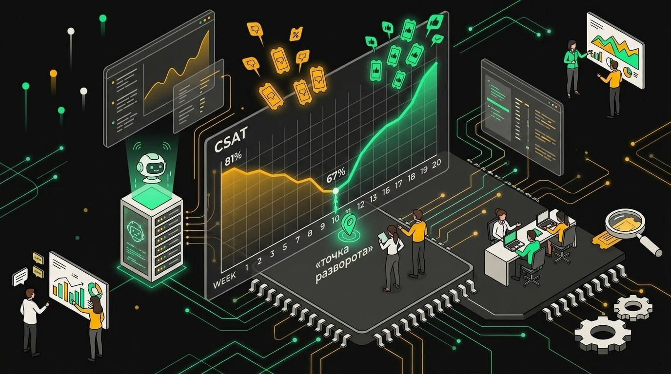 График недельной динамики CSAT с точкой перегиба на 10-й неделе после запуска AI-поддержки