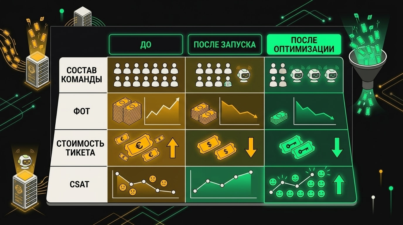 Сравнительная таблица показателей команды поддержки до и после оптимизации: затраты, CSAT, объём тикетов