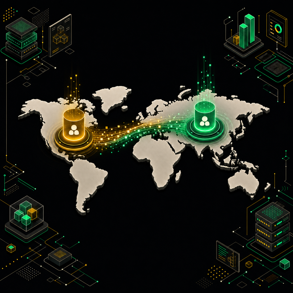 World map showing two CRM systems operating across global regions with interconnected data flows