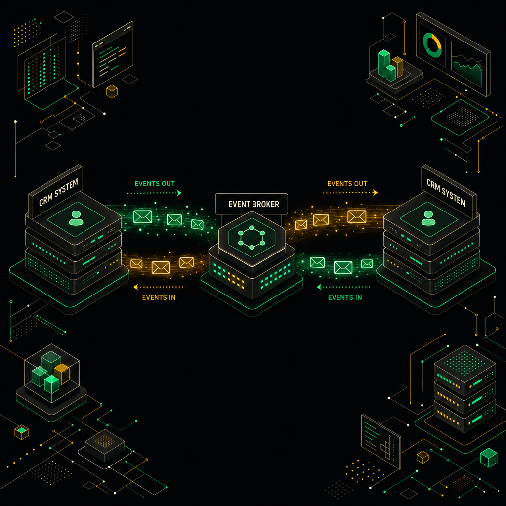 Event-driven architecture diagram showing triggers, message broker, and synchronized CRM endpoints